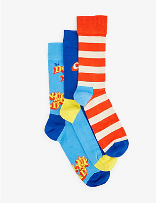 HAPPY SOCKS: Father graphic-print ankle-rise pack of three stretch-cotton-blend socks