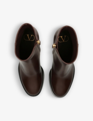 Shop Valentino Garavani Women's Brown Vlogo Logo-plaque Leather Heeled Ankle Boots