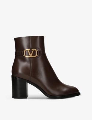 VALENTINO 25S HIGH-CUT SIGNATURE LOGO BOOTS 60 MM IN BROWN CALFSKIN WITH GOLD HARDWARE