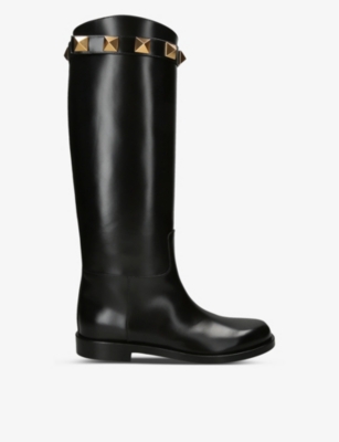 Valentino Garavani Roman Stud Leather Knee-high Boots In Black