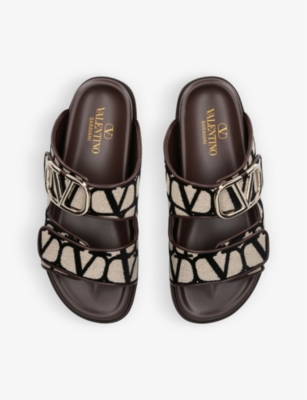 Shop Valentino Garavani Women's Brown/oth Vlogo-pattern Round-toe Woven Slides
