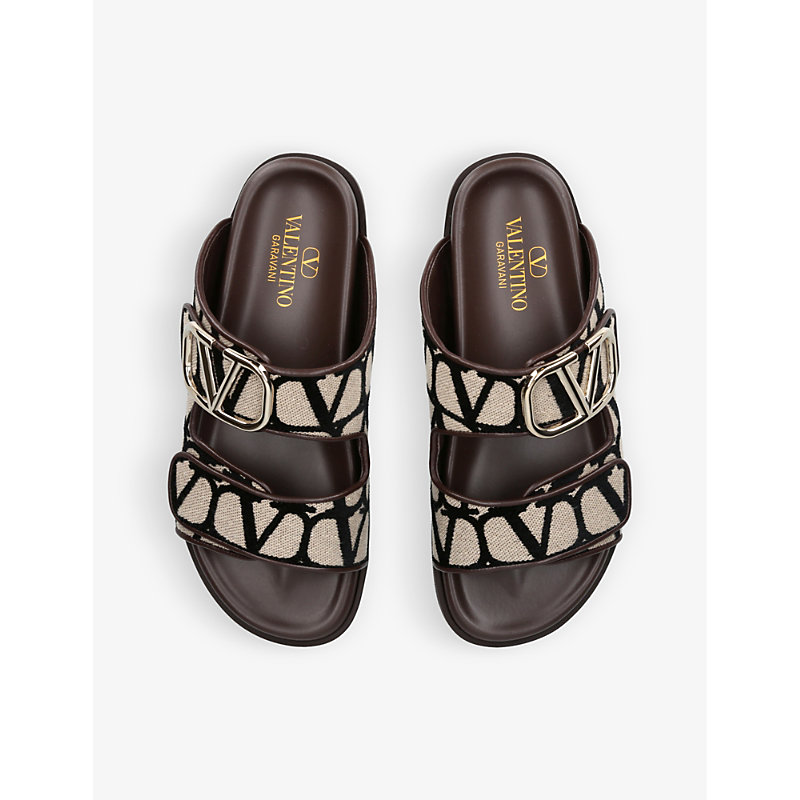 Shop Valentino Garavani Women's Brown/oth Vlogo-pattern Round-toe Woven Slides