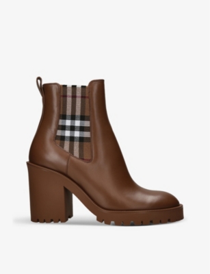 Burberry Womens Mid Brown Allostock Checked Leather Boots