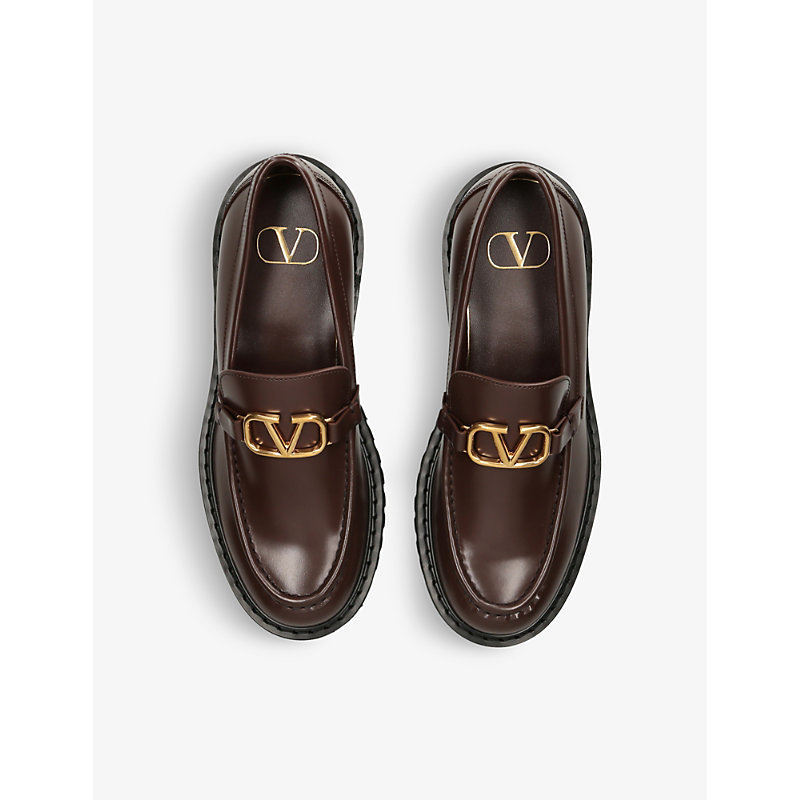Shop Valentino Garavani Womens Dark Brown Vlogo Logo-embellished Leather Loafers
