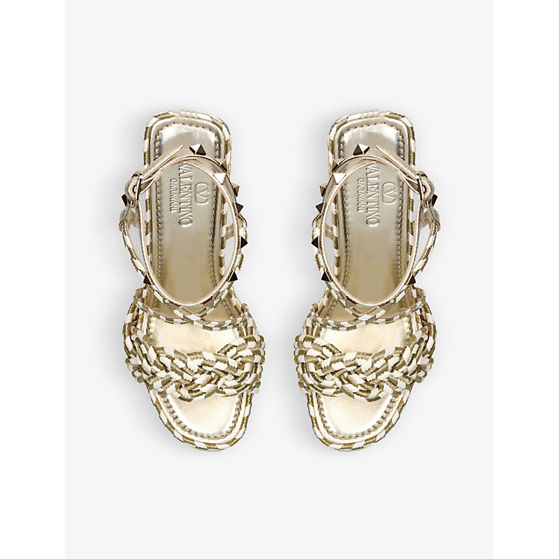 Shop Valentino Garavani Women's White/comb Rockstud Torchon Stud-embellished Woven Wedge Sandals