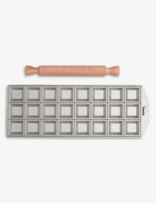 MARCATO: Square ravioli aluminium pasta cutter mould and rolling pin