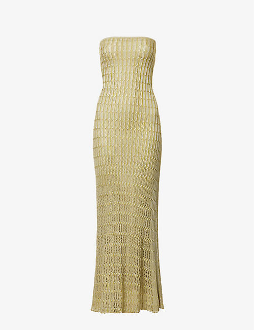 ISA BOULDER: Honeycomb strapless rayon-knitted midi dress