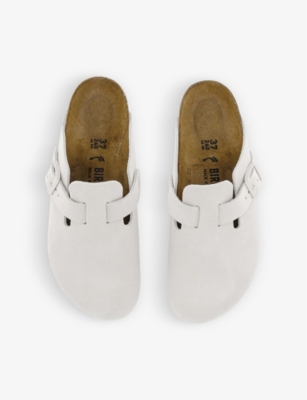 Shop Birkenstock Womens White Suede Boston Clog Buckled Suede Mules