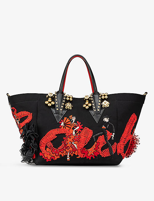 CHRISTIAN LOUBOUTIN: Flamencaba embroidered spike-embellished leather and cotton tote bag