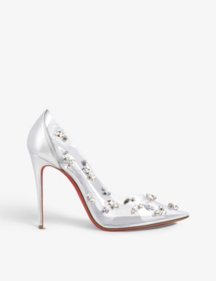 CHRISTIAN LOUBOUTIN CHRISTIAN LOUBOUTIN WOMENS SILVER DEGRAQUEEN 100 CRYSTAL-EMBELLISHED LEATHER AND PVC HEELED COURTS,67499770