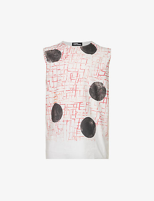 RAF SIMONS: Abstract-print raw-hem sleeveless cotton T-shirt
