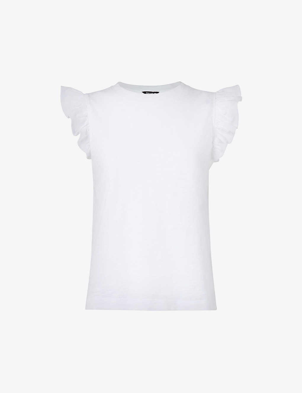Whistles Womens White Frilled-sleeve Cotton-jersey T-shirt