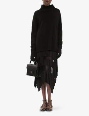 The Kooples Womens Black Sheer-panel Asymmetric-hem Woven Midi Skirt In Black
