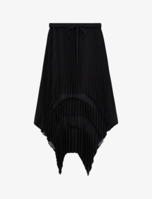 Shop The Kooples Women's Black Sheer-panel Asymmetric-hem Woven Midi Skirt