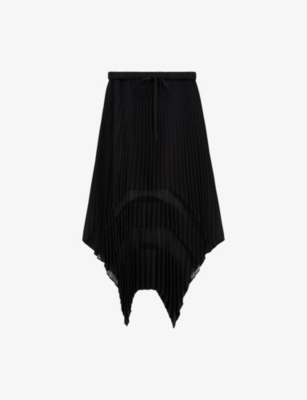 Shop The Kooples Women's Black Sheer-panel Asymmetric-hem Woven Midi Skirt