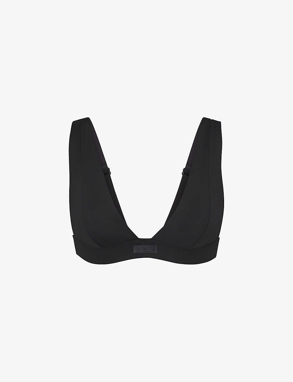 Skims Womens Onyx Plunge-neck Brand-patch Recycled Stretch-nylon Bikini Top In Black