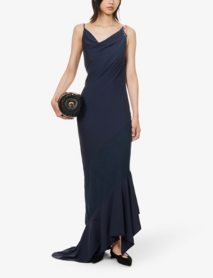 Shop Conner Ives Women's Blue Contrast-panel Cowl-neck Recycled-cotton Blend Maxi Dress