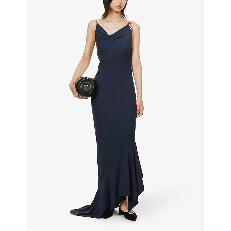 Shop Conner Ives Women's Blue Contrast-panel Cowl-neck Recycled-cotton Blend Maxi Dress