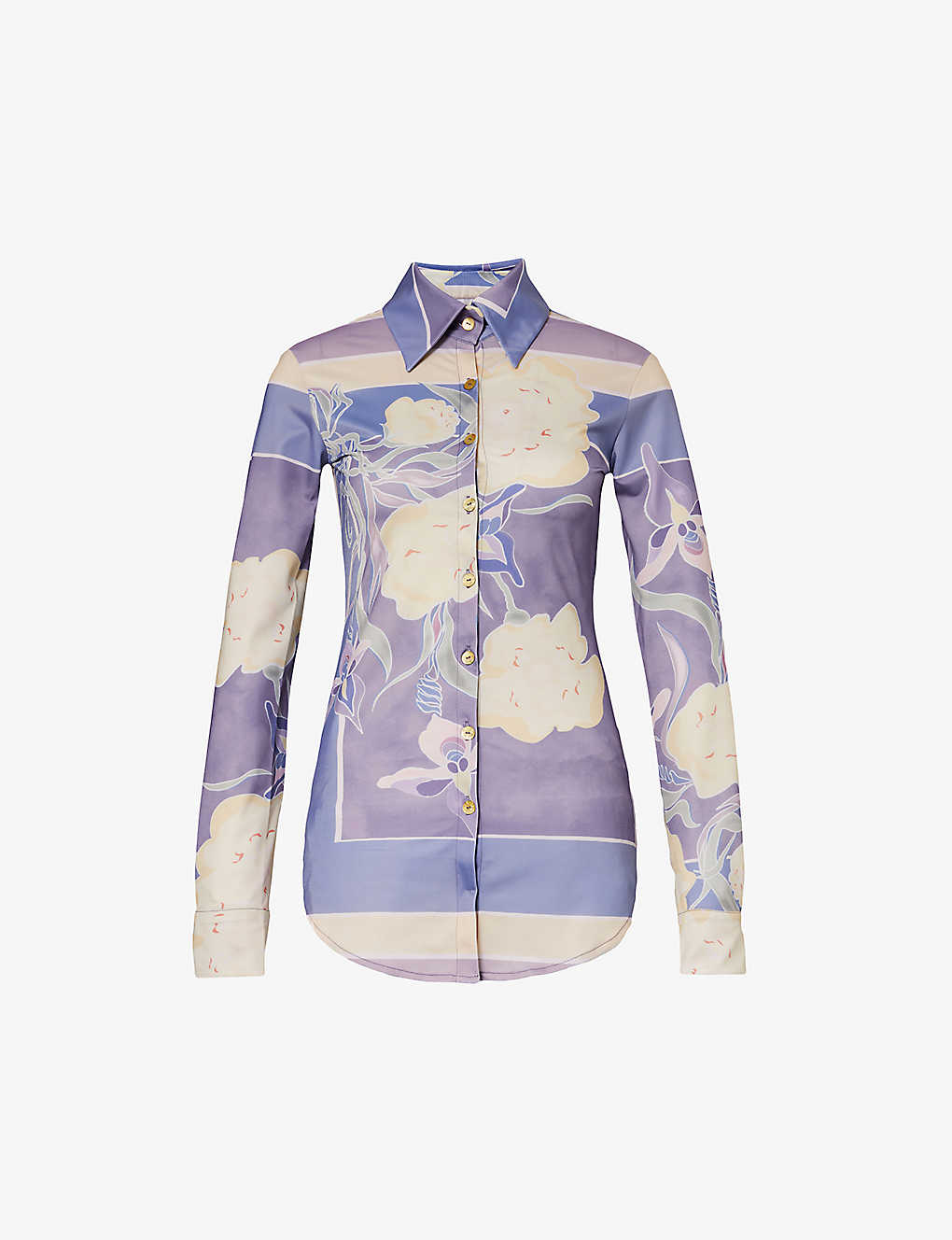 Shop Conner Ives Women's Flower Print Floral-print Slim-fit Stretch Recycled-polyester Shirt
