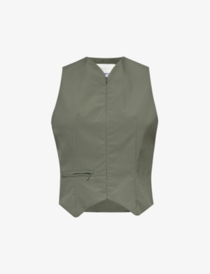 Conner Ives Womens Olive V-neck Zipped Recycled-polyamide Waistcoat