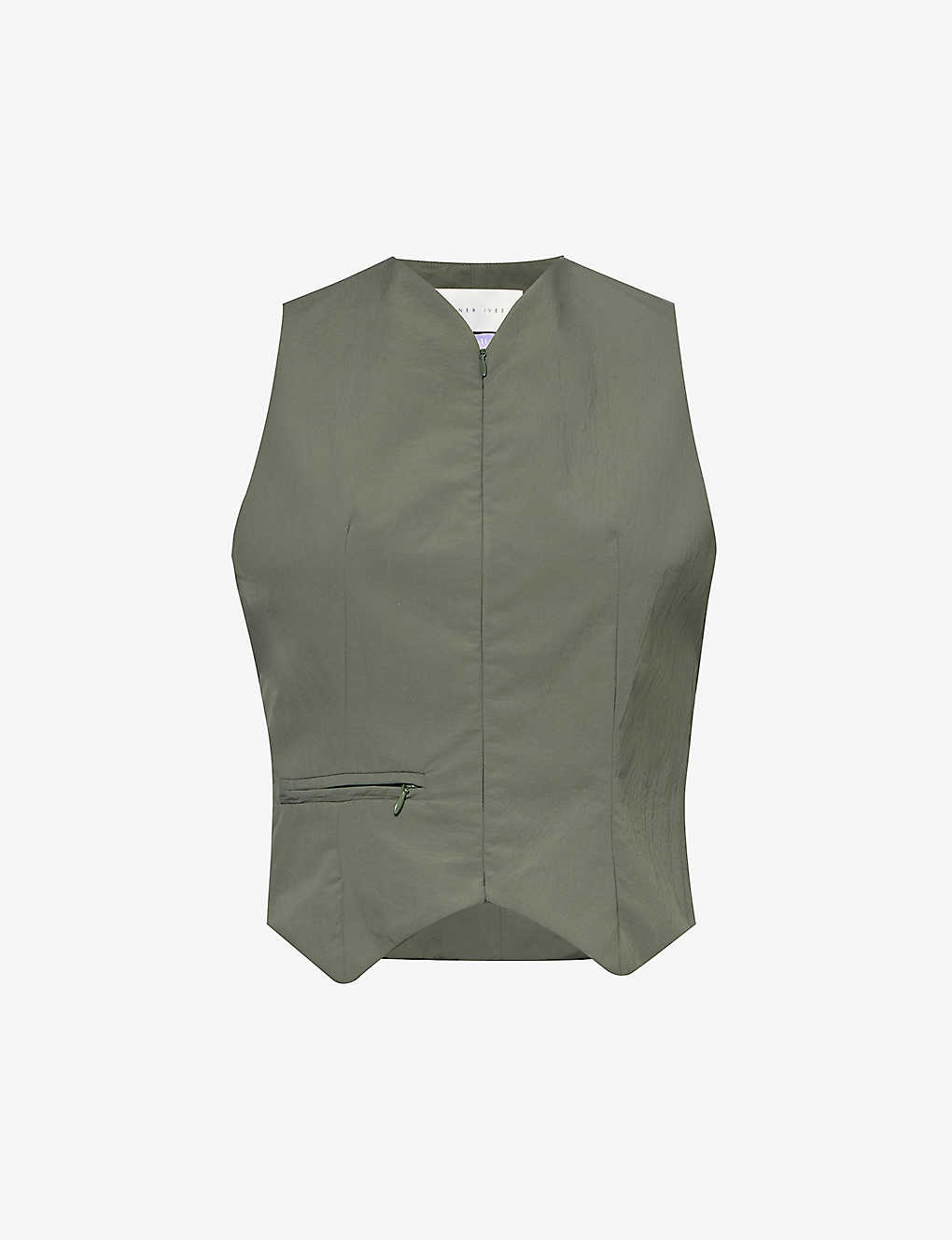 Conner Ives Womens Olive V-neck Zipped Recycled-polyamide Waistcoat