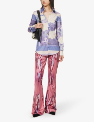 Shop Conner Ives Women's Pink Print Abstract-print Flared-leg Mid-rise Trousers Stretch Recycled-polyeste