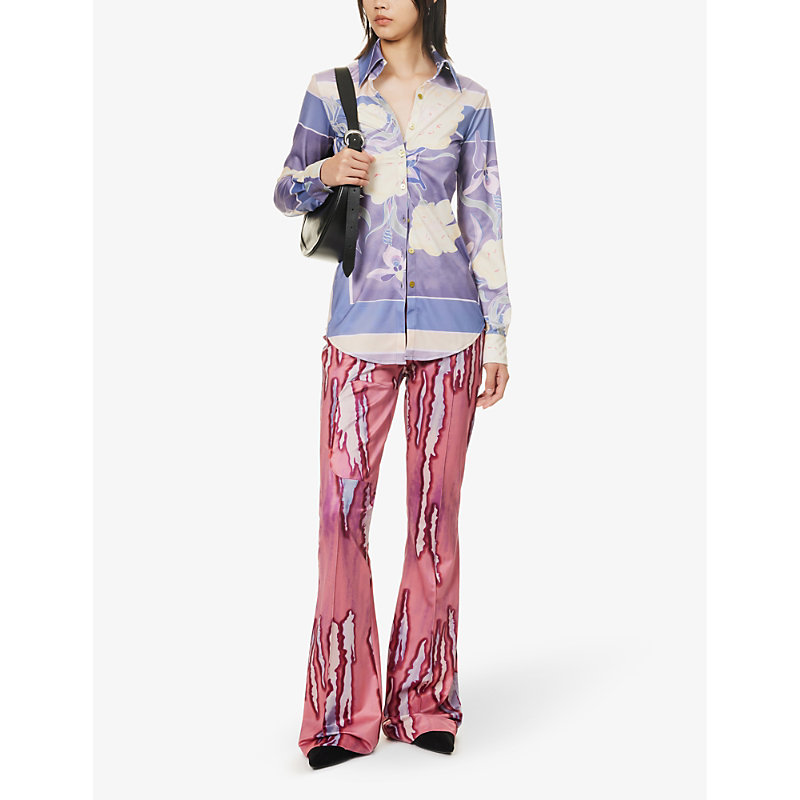 Shop Conner Ives Womens Pink Print Abstract-print Flared-leg Mid-rise Trousers Stretch Recycled-polyester
