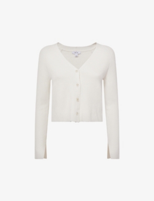 REISS REISS WOMEN'S IVORY CELIA RIBBED V-NECK LINEN-BLEND CARDIGAN,67572145