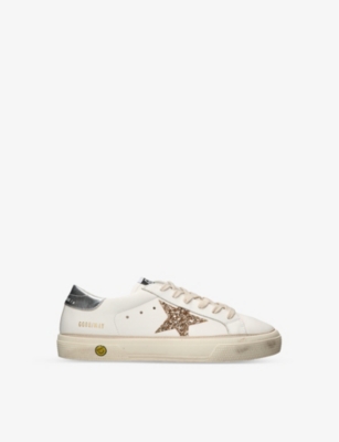 GOLDEN GOOSE: May glitter star-patch leather low-top trainers
