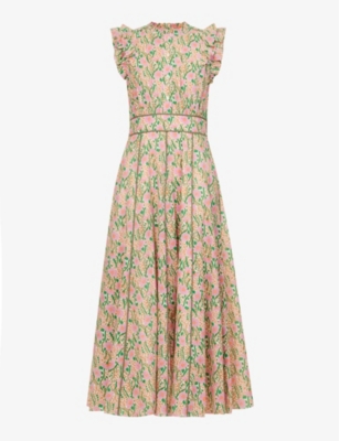 ME AND EM ME AND EM WOMENS CREAM/PURPLE/ORANGE/ FLORAL-PRINT RUFFLE-TRIM COTTON MAXI DRESS 67609933