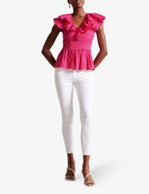 Shop Ted Baker Women's Brt-pink Mazieh Broderie-embroidered Cotton Top