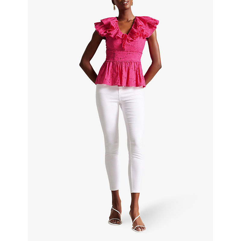 Shop Ted Baker Womens Brt-pink Mazieh Broderie-embroidered Cotton Top