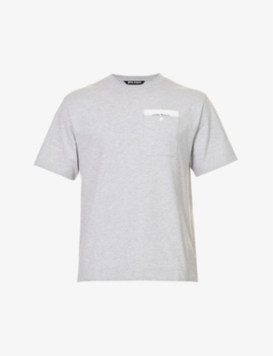 Palm Angels Mens Melange Grey Tape Logo-print Patch-pocket Cotton-jersey T-shirt