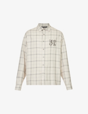 PALM ANGELS PALM ANGELS MEN'S WHITE BLACK PLAID-PATTERN LOGO-EMBROIDERED WOVEN SHIRT,67633563