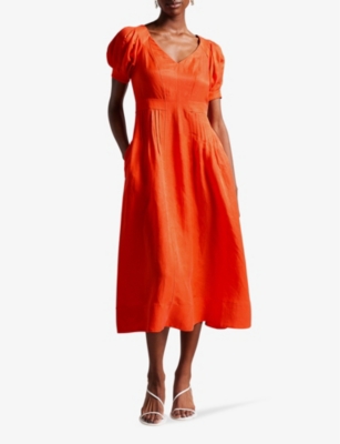 Shop Ted Baker Opalz Puff-sleeved Linen-blend Midi Dress In Brt-orange