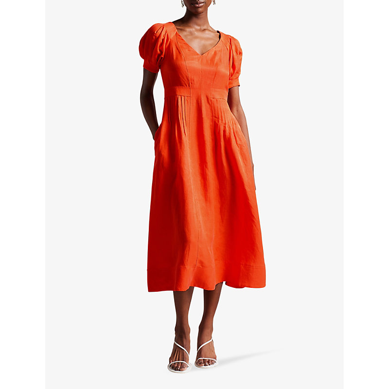 Shop Ted Baker Womens Brt-orange Opalz Puff-sleeved Linen-blend Midi Dress