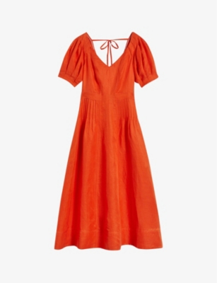 TED BAKER: Opalz puff-sleeved linen-blend midi dress
