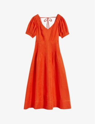 Shop Ted Baker Womens Brt-orange Opalz Puff-sleeved Linen-blend Midi Dress