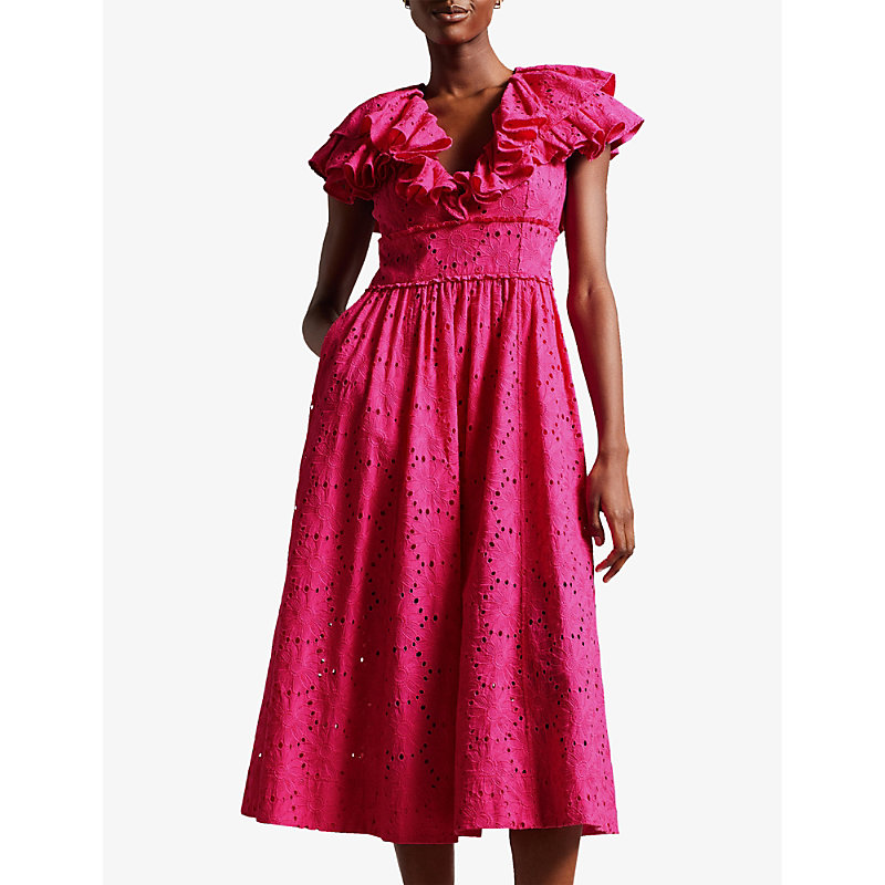Shop Ted Baker Womens Brt-pink Mirza Ruffle-trim Cotton Midi Dress