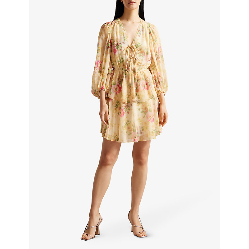 Shop Ted Baker Tamziiy Floral-print Woven Mini Dress In Tan