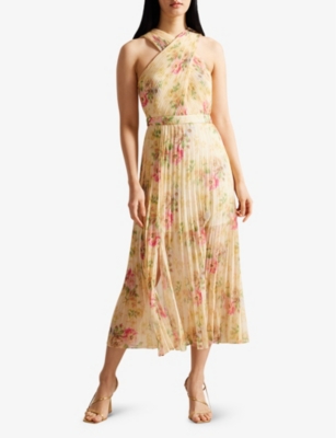 Shop Ted Baker Cross-front Pleated Woven Midi Dress In Tan
