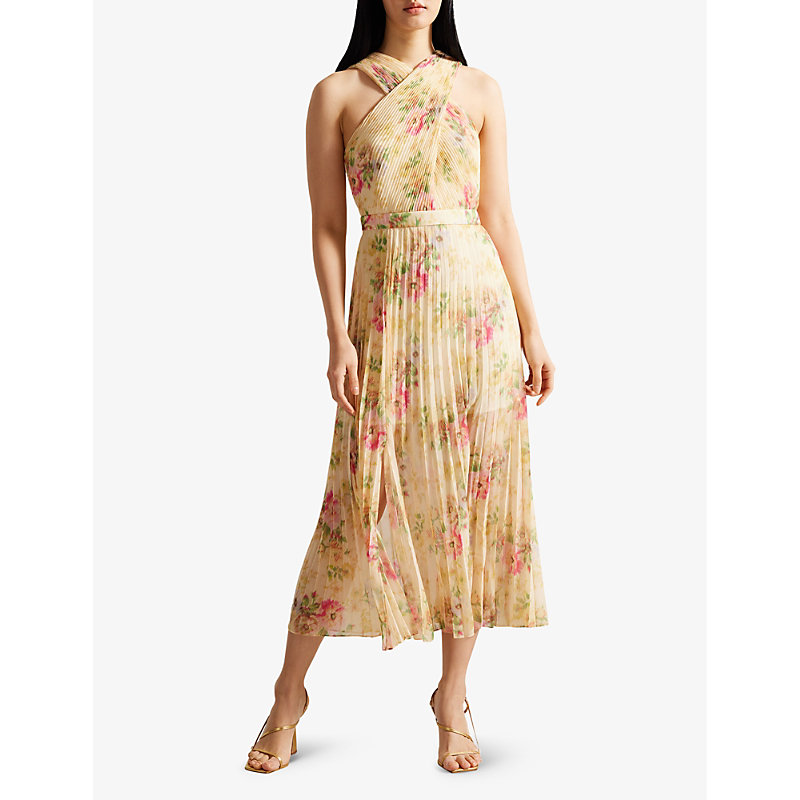 Shop Ted Baker Womens Tan Cross-front Pleated Woven Midi Dress