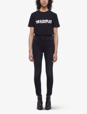 Shop The Kooples Women's Black Logo-embellished Slim-fit Mid-rise Stretch Denim Jeans