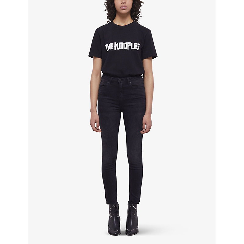 Shop The Kooples Women's Black Logo-embellished Slim-fit Mid-rise Stretch Denim Jeans