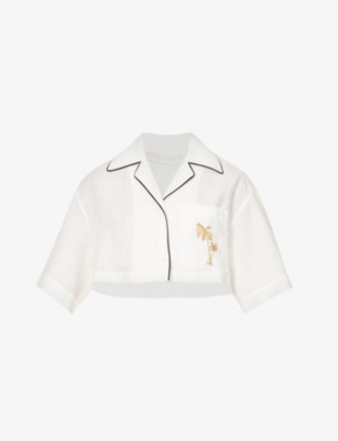 PALM ANGELS PALM ANGELS WOMEN'S OFF WHITE GOLD LOGO-EMBROIDERED CROPPED LINEN SHIRT,67644934