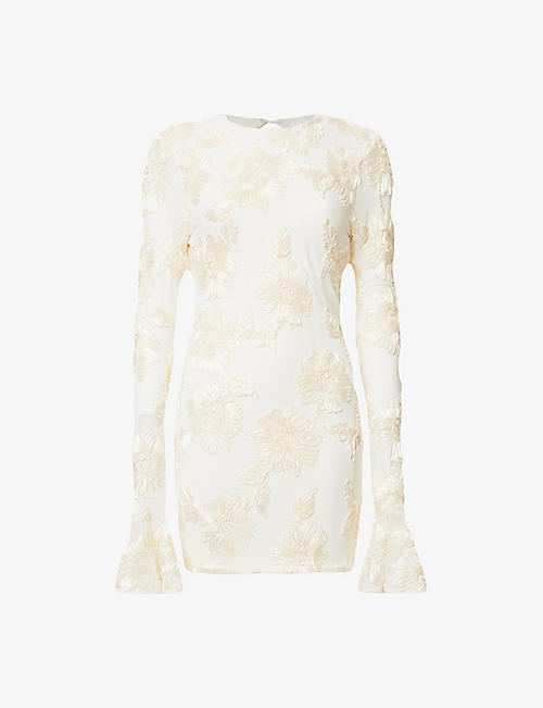 ROTATE BIRGER CHRISTENSEN: Floral-embroidered flared-sleeve stretch-recycled polyester mini dress