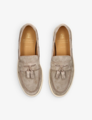 Shop Brunello Cucinelli Men's Taupe Hybrid Tasselled Suede Loafers In Brown