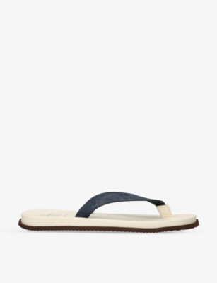 Shop Brunello Cucinelli White/navy Suede And Leather Flip Flops