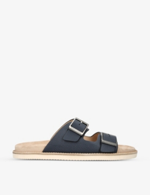 Shop Brunello Cucinelli Men's Vy Pebble Silver-toned-hardware Leather Sandals In Navy