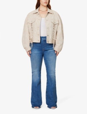 Shop Good American Women's Indigo490 Pull On Faded-wash Flared-leg High-rise Stretch-denim Jeans